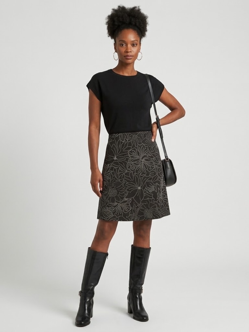 Wrapper Black Floral A-Line Skirt with Contrast Stitching Size Small
